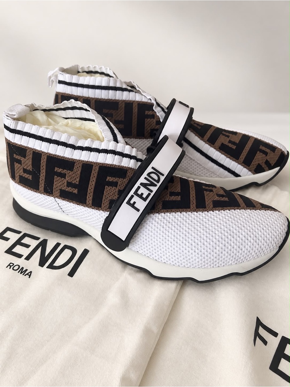 Fendi Brown & White Logo Slip-On Mesh Sneakers